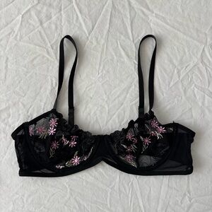 Black Sheer Embroidered Underwire Bra with Pink Floral Accents Size Small